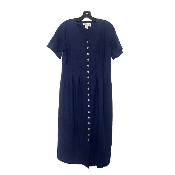 Orvis Dress Size 12 Navy Blue Button Front Midi Linen Blend Classic Vintage 90s - Picture 1 of 14